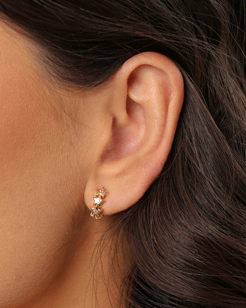 Click Hoop Earrings with Stars and Crystal Studs, 1.4 cm, 18K Gold Plated