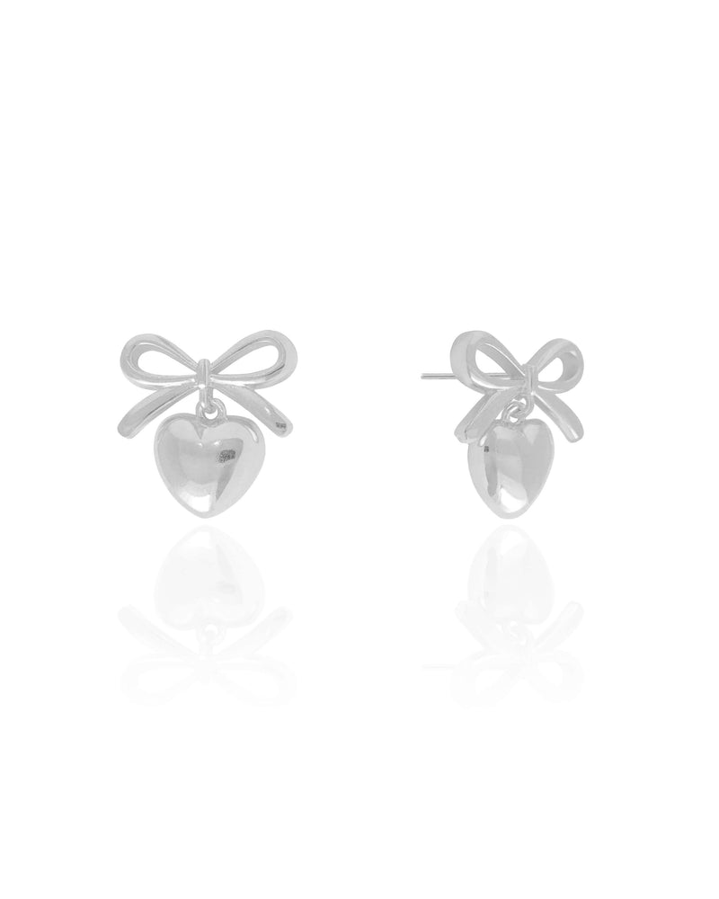 Smooth Heart Bow Earring 2.0 cm 18K white rhodium
