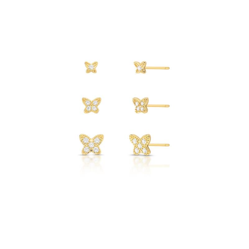 Set of 3 Pairs of 18K Gold Plated Butterfly Earrings with Zirconia