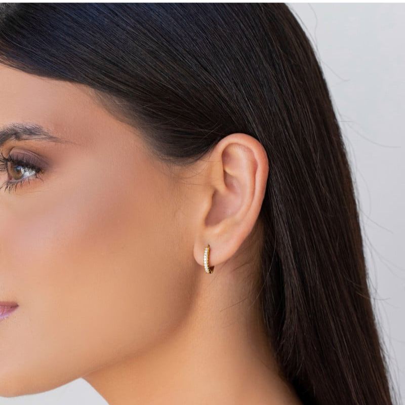 Click Hoop Earring Studded Crystal 1.3 cm 18K Gold Plated