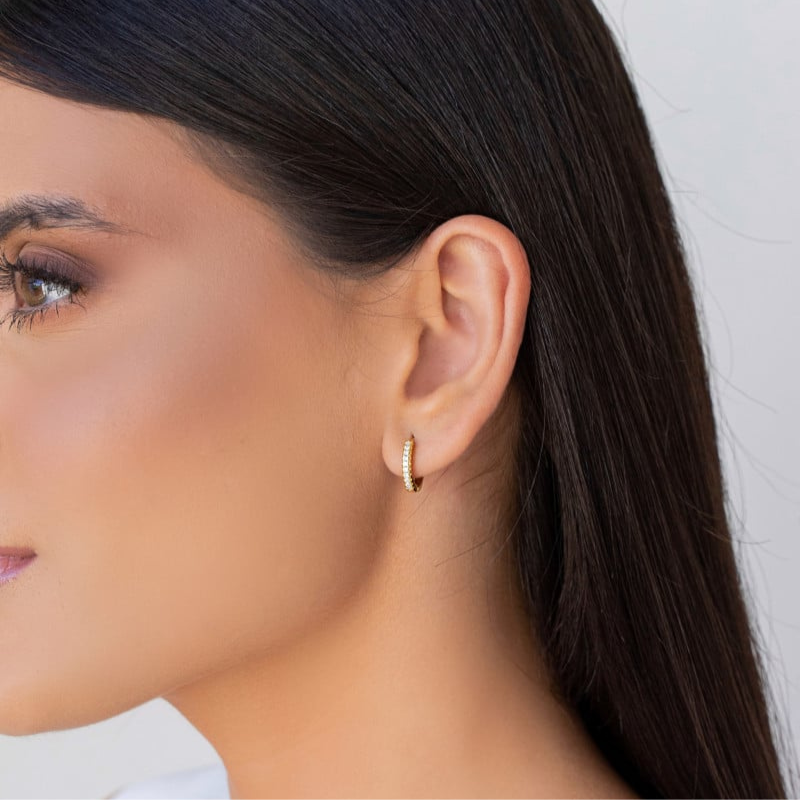 Click Hoop Earring with Crystal Studs, 1.3 cm, 18K Gold Plated