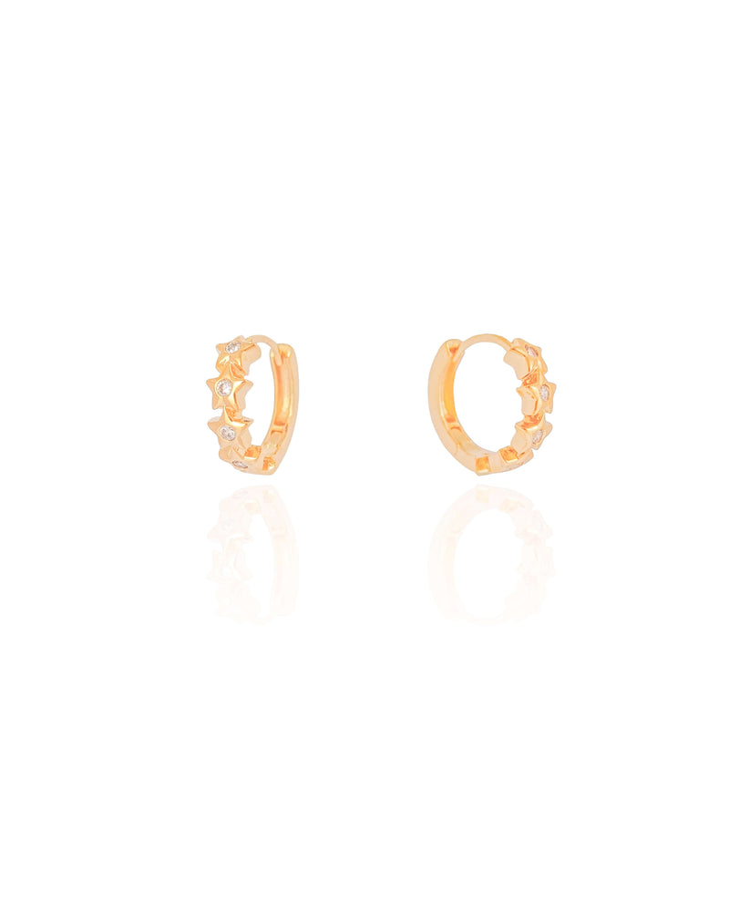 Click Hoop Earrings with Stars and Crystal Studs, 1.1 cm, 18K Gold Plated