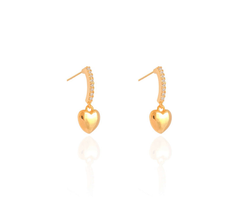 Brinco Palito Cravejado Cristal Coração Liso 1.9 cm Banhado a Ouro 18K