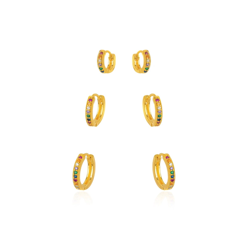 Trio Argola Micro Zircônia Colorida banhado ouro 18k