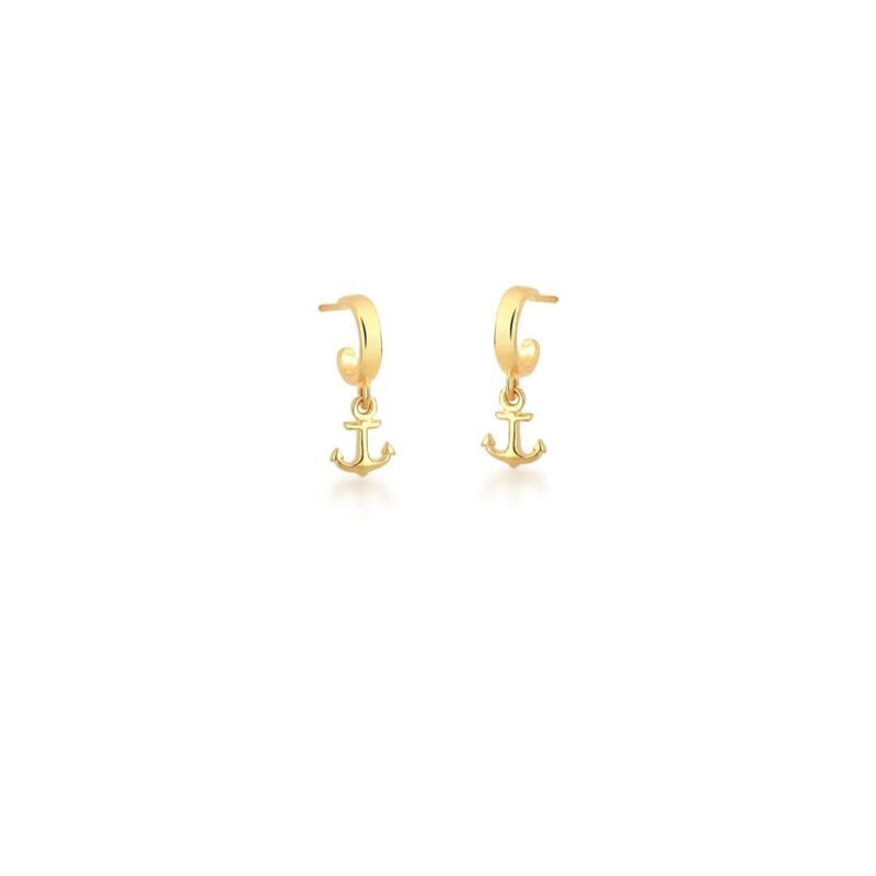 18K Gold Plated Smooth Half Hoop Earrings with Anchor Pendant