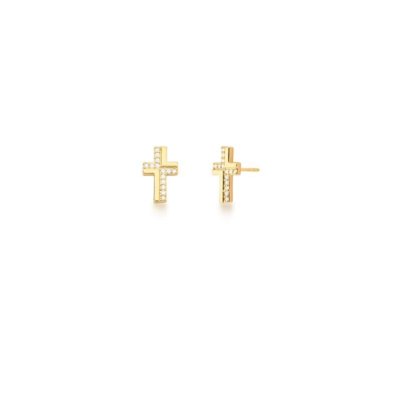 18K Gold Plated Cross Earrings – Smooth and Crystal-Studded Design