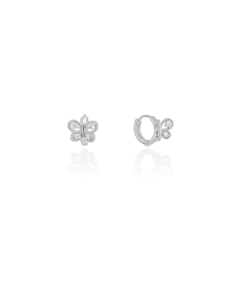 Brinco Infantil Argola Click Borboleta Cravejado Ródio Branco