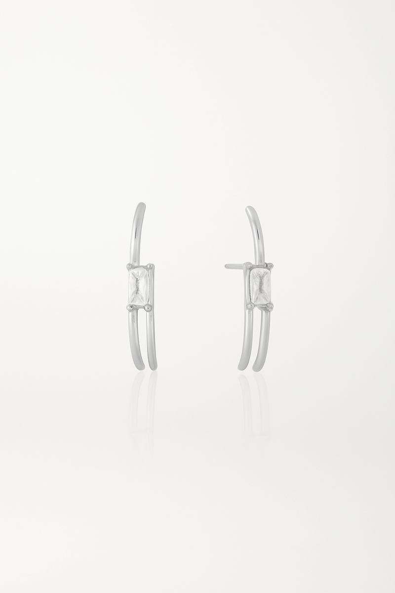 Ear Hook Dois Filetes Baguete Cristal Banho Ródio Branco