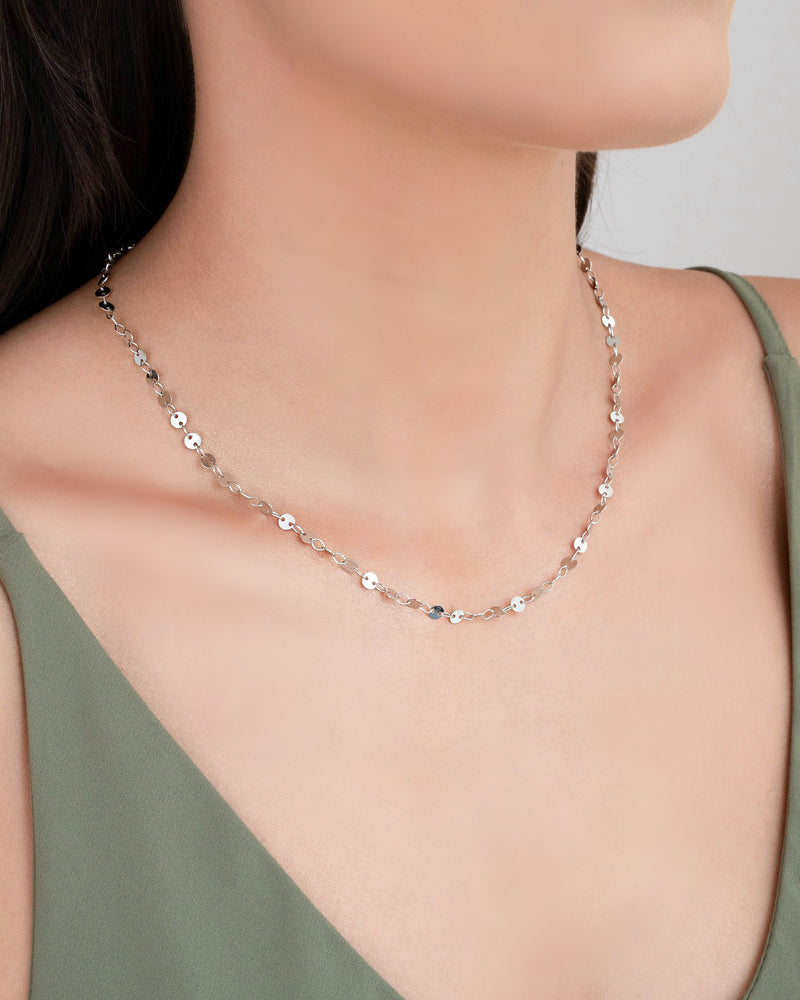 White Rhodium Plated Flat Round Discs Necklace
