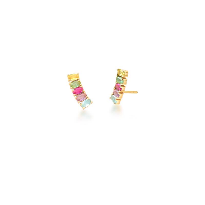 BRINCO EAR CUFF COM CRISTAIS OVAIS COLORIDOS BANHADO A OURO